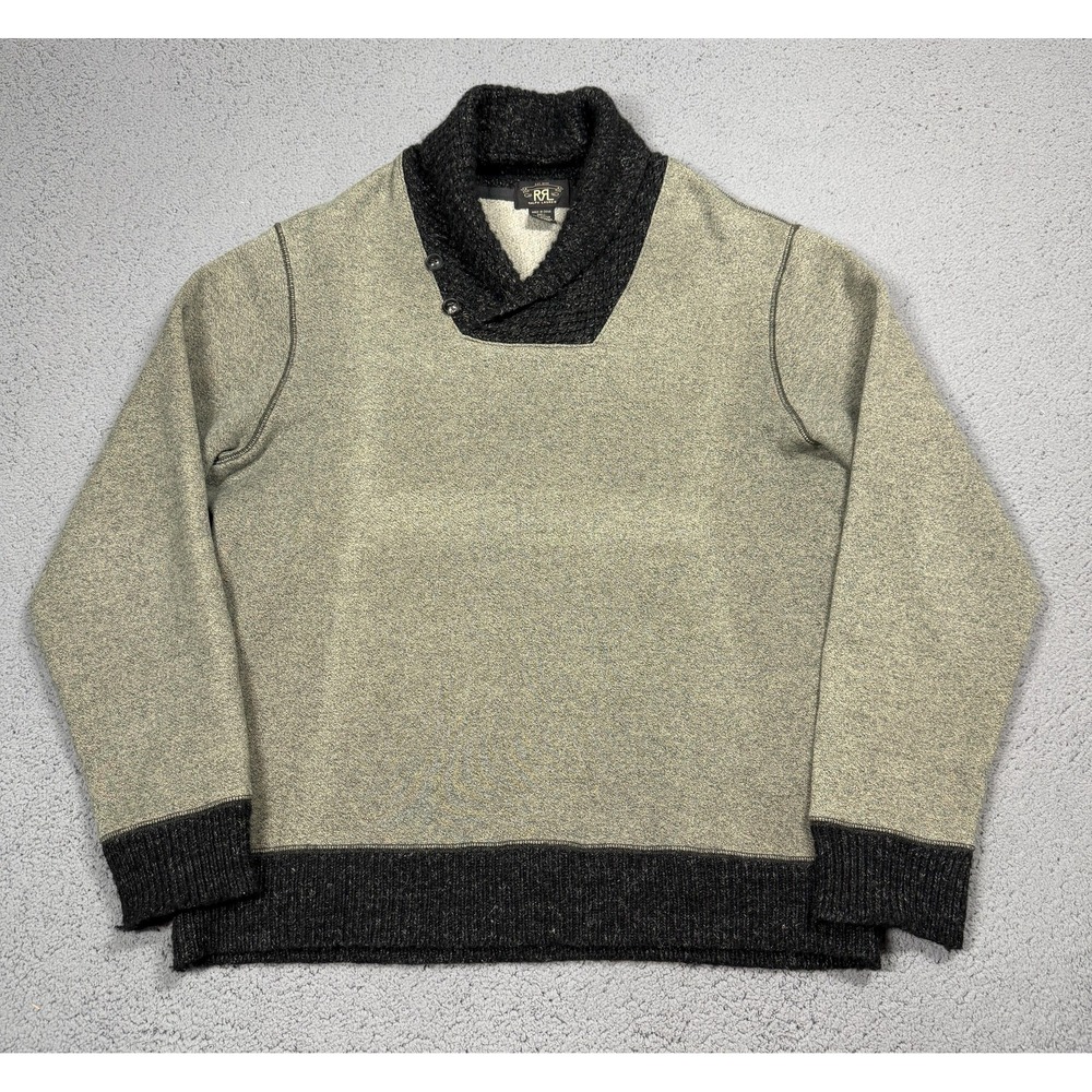 RRL Ralph Lauren Sweater Mens XL Gray Heavyweight Shawl Button Mock Neck Knit